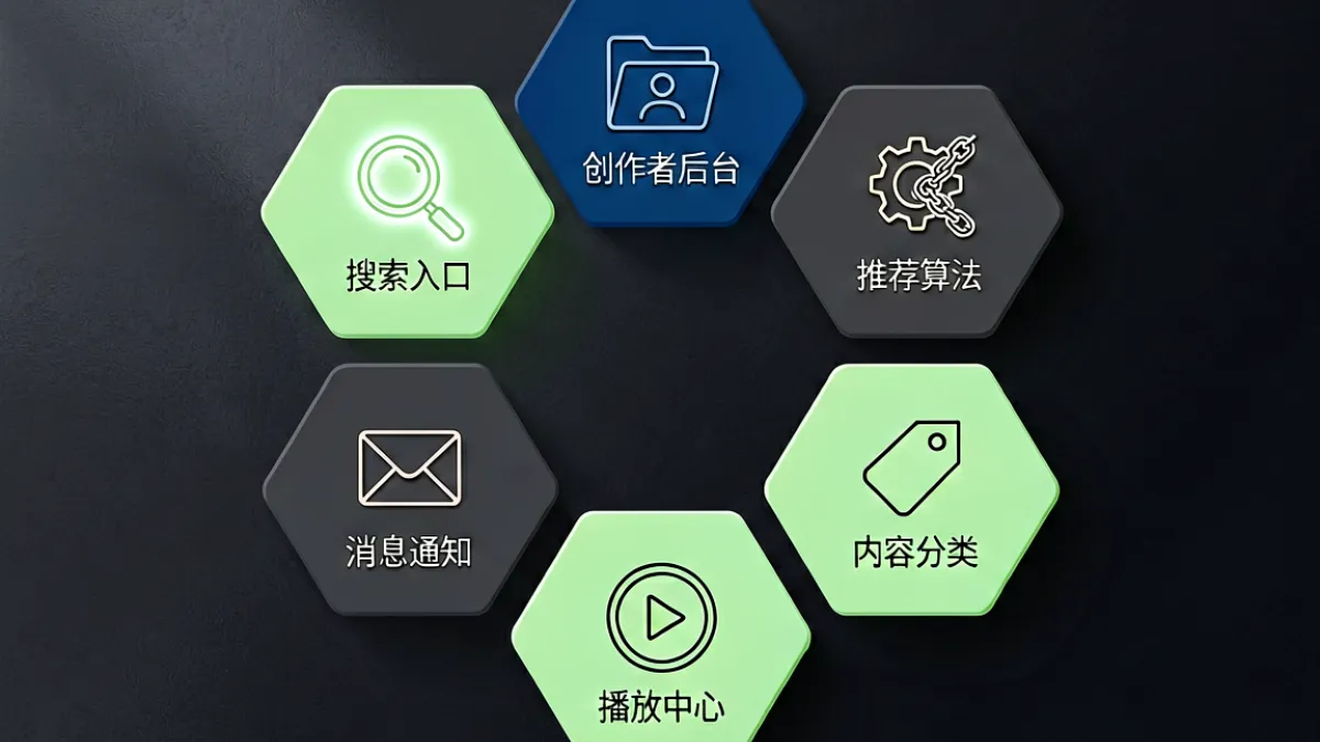 芭乐视频平台介绍页面界面，展示功能模块图解与内容分类导航示意图