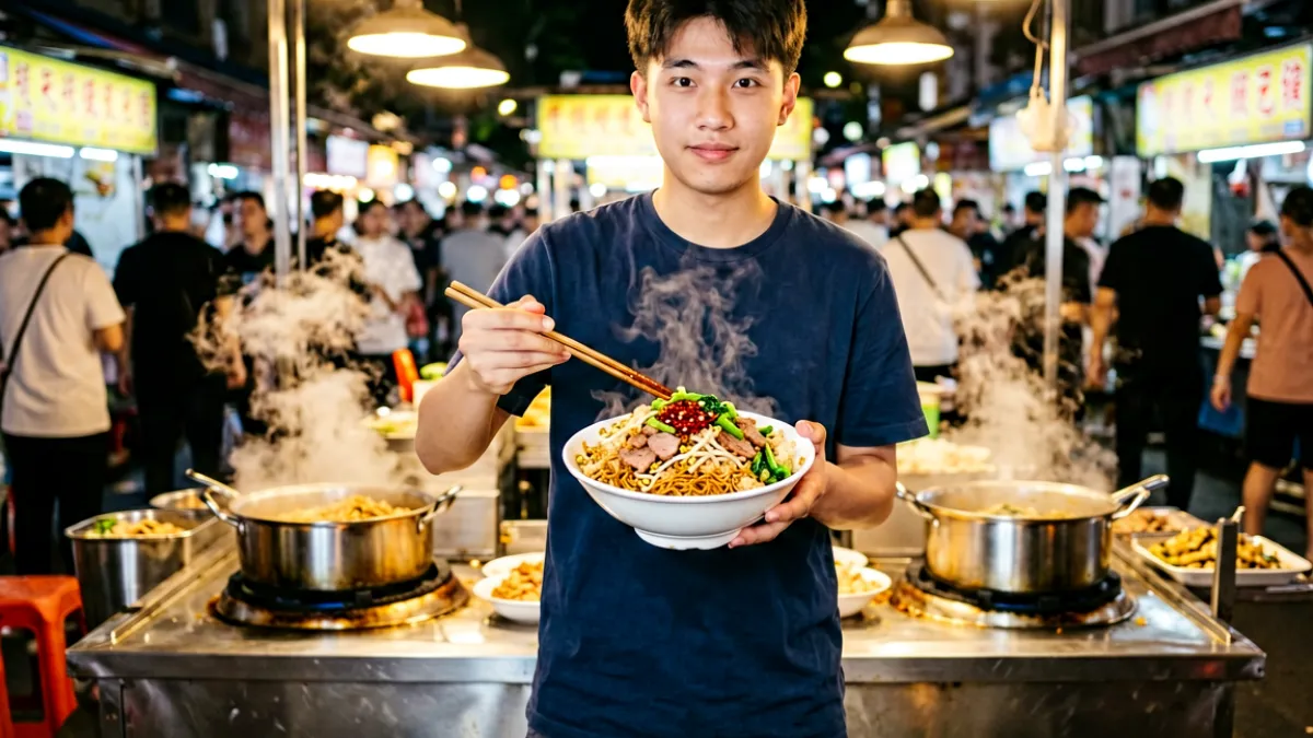 芭乐视频第二名美食探店视频封面，博主在夜市摊位前展示热气腾腾的街头小吃